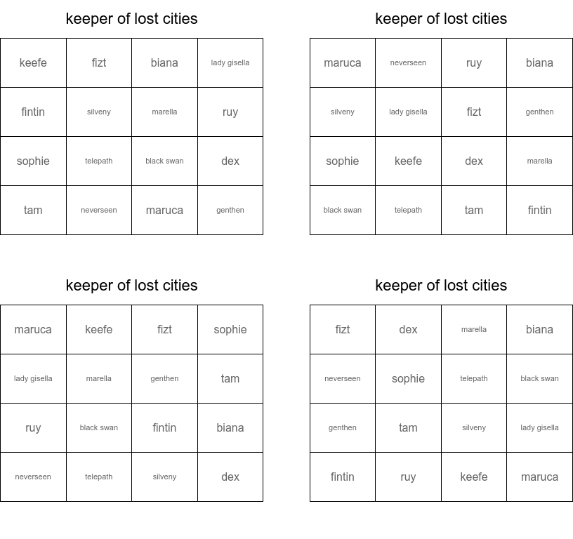 Keeper of lost cities bingo cards
