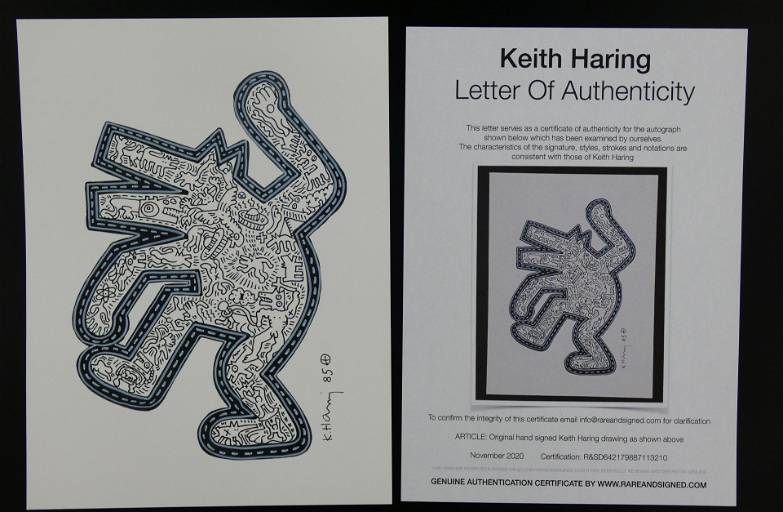 Keith haring white dancing dog drawing coa