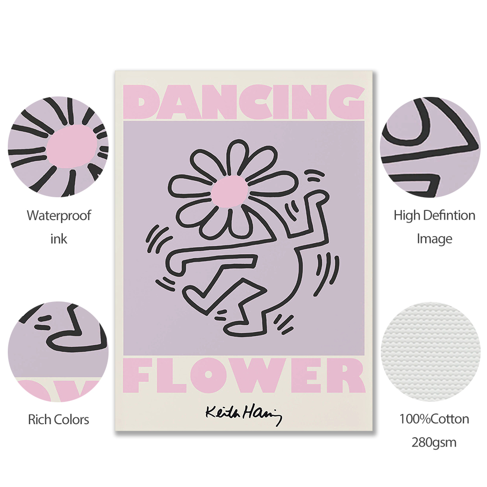 Keith haring inspired danish pop art print pastel dancing flowers canvas wall decor â â free shipping â up to off