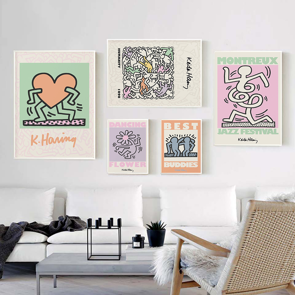 Keith haring inspired danish pop art print pastel dancing flowers canvas wall decor â â free shipping â up to off