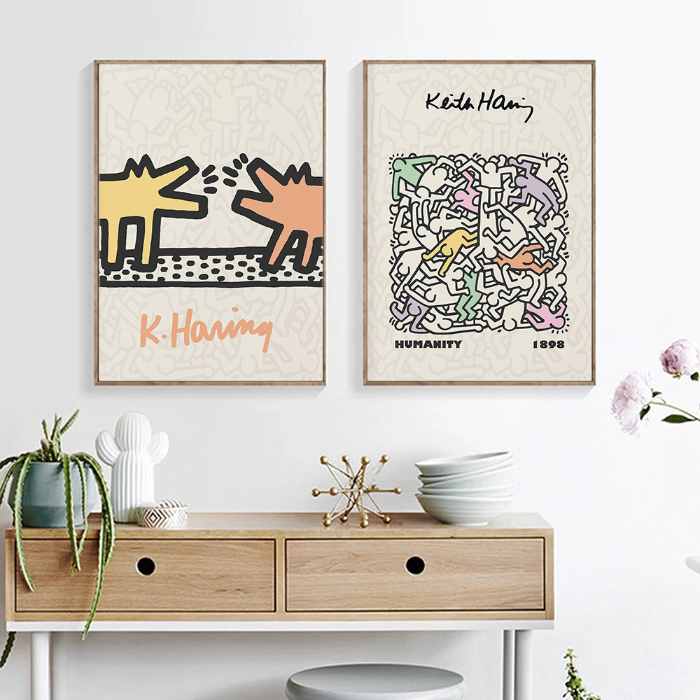 Keith haring inspired danish pop art print pastel dancing flowers canvas wall decor â â free shipping â up to off