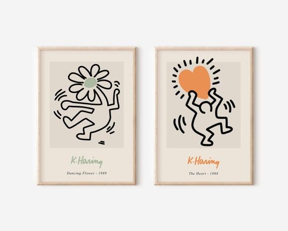 Keith haring print set of prints keith haring the heart keith haring flower art vintage wall art pastel wall art aesthetic art