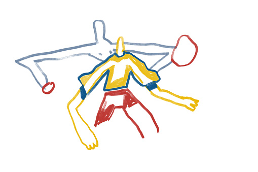 Colorful abstract people expressionism and keith haring art style two abstract people playing with ball painting drawing with primary color for print and wall art stock illustration