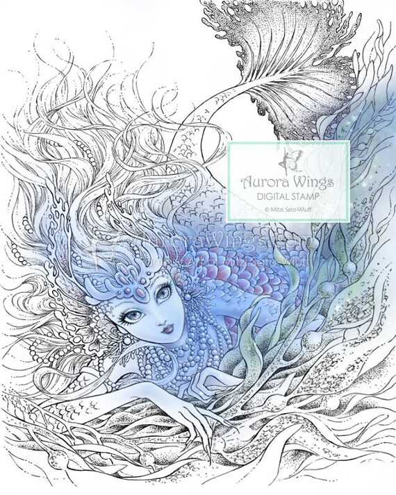 Digital stamp mermaid with pearls in kelp instant download coloring page fantasy line art for cards crafts by mitzi sato