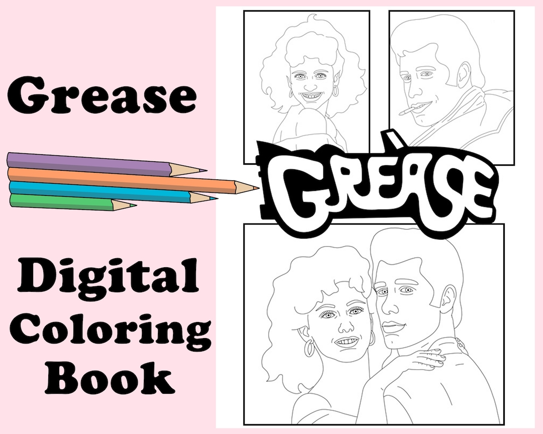 Grease digital adult coloring book instant print pdf indoor activity secret santa art therapy coloring pages s movie travolta
