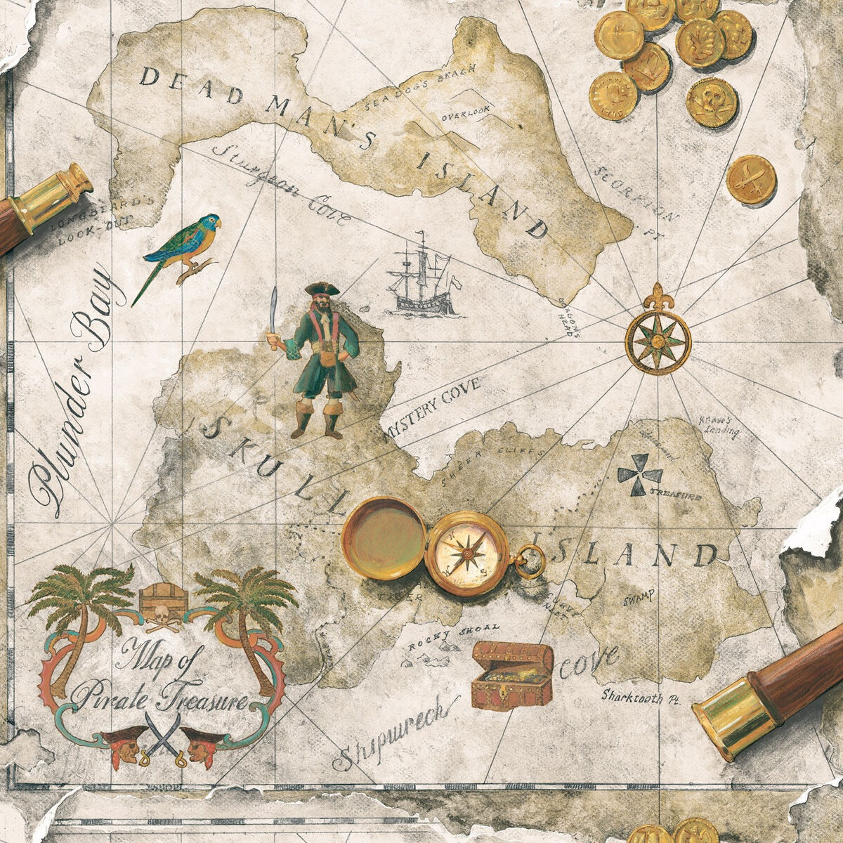 Boys pirate pirates treasure chest map on taupe and beige wallpaper bt
