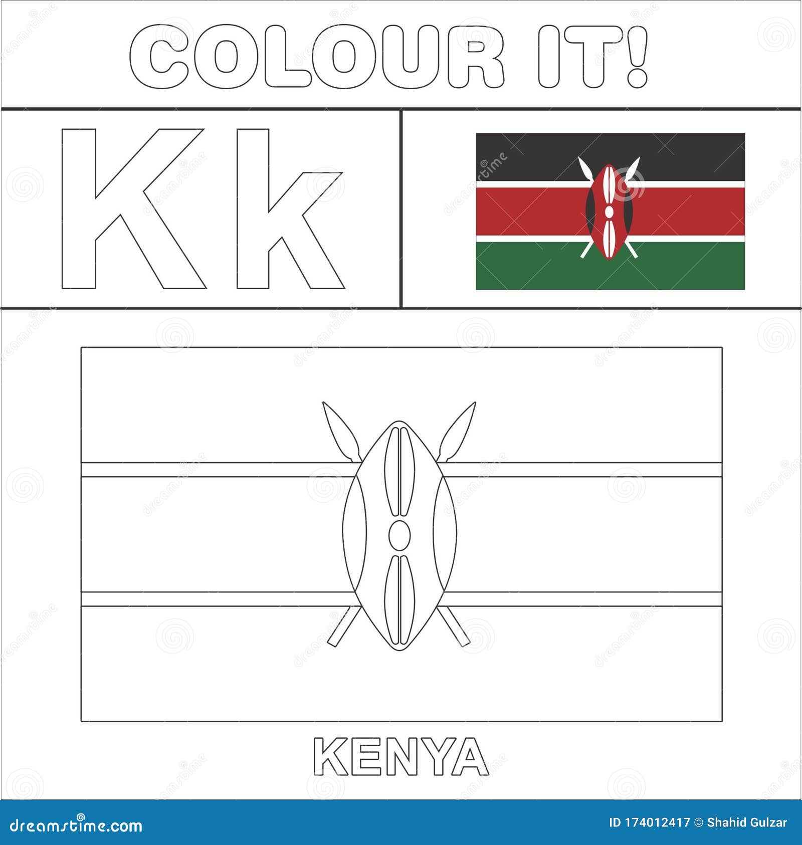 Colour it kids colouring page country starting from english letter k kenya how to color flag stock illustration