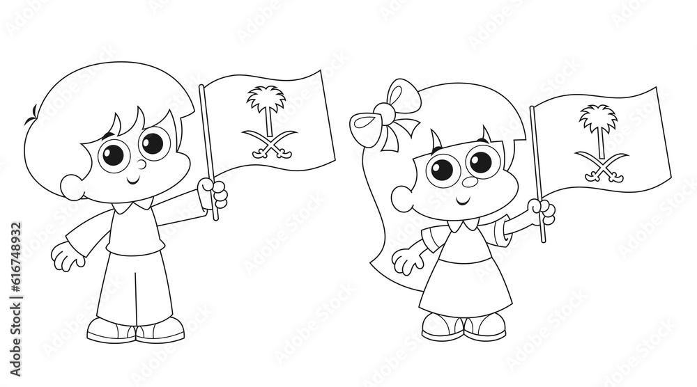 Saudi arabia national day celebration coloring page activity boy and girl are carrying ksa flag logo vector