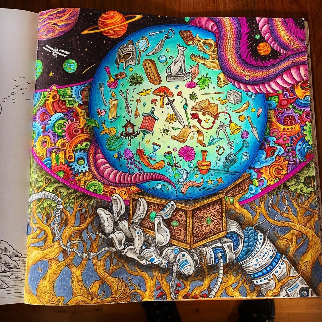 Bex harris ððº on instagram all nished kerbyrosanes worldwithinworldscoloringbook worldwithinworlds polychromos neliners planets coloring coloâ coloring book art adult coloring inspiration book art