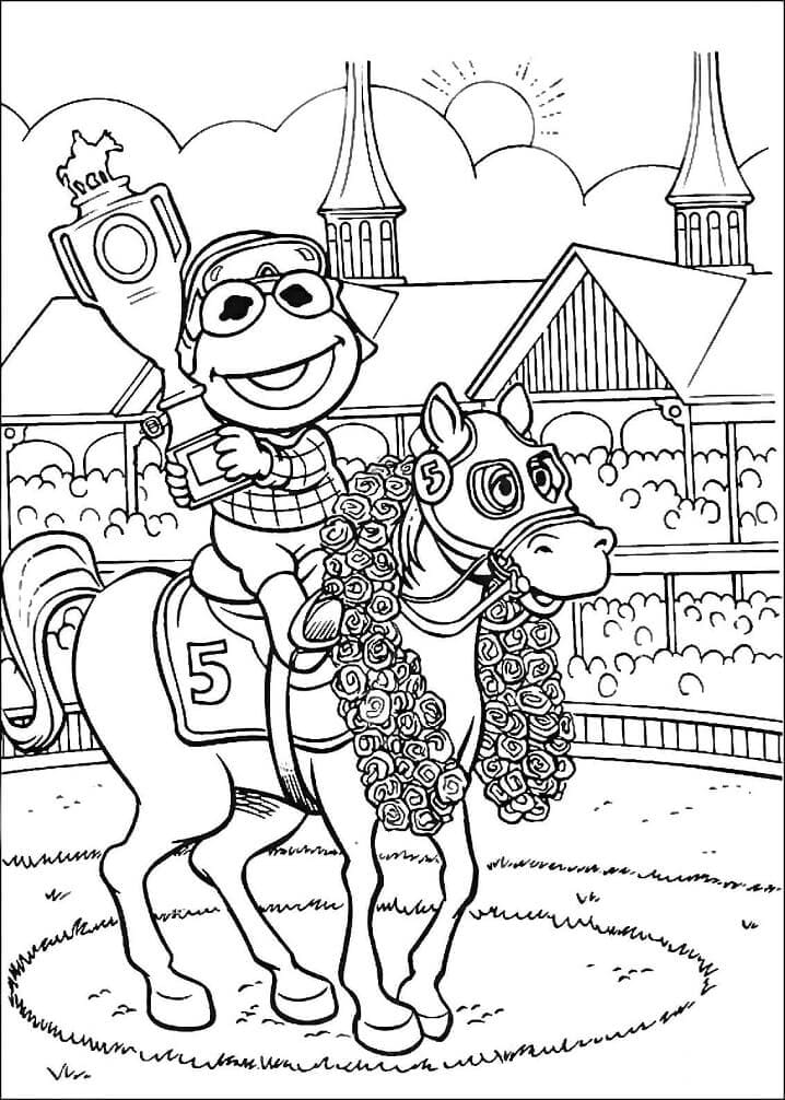 Baby kermit is riding horse coloring page