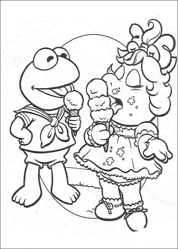 Baby kermit and piggy eating ice cream colouring image