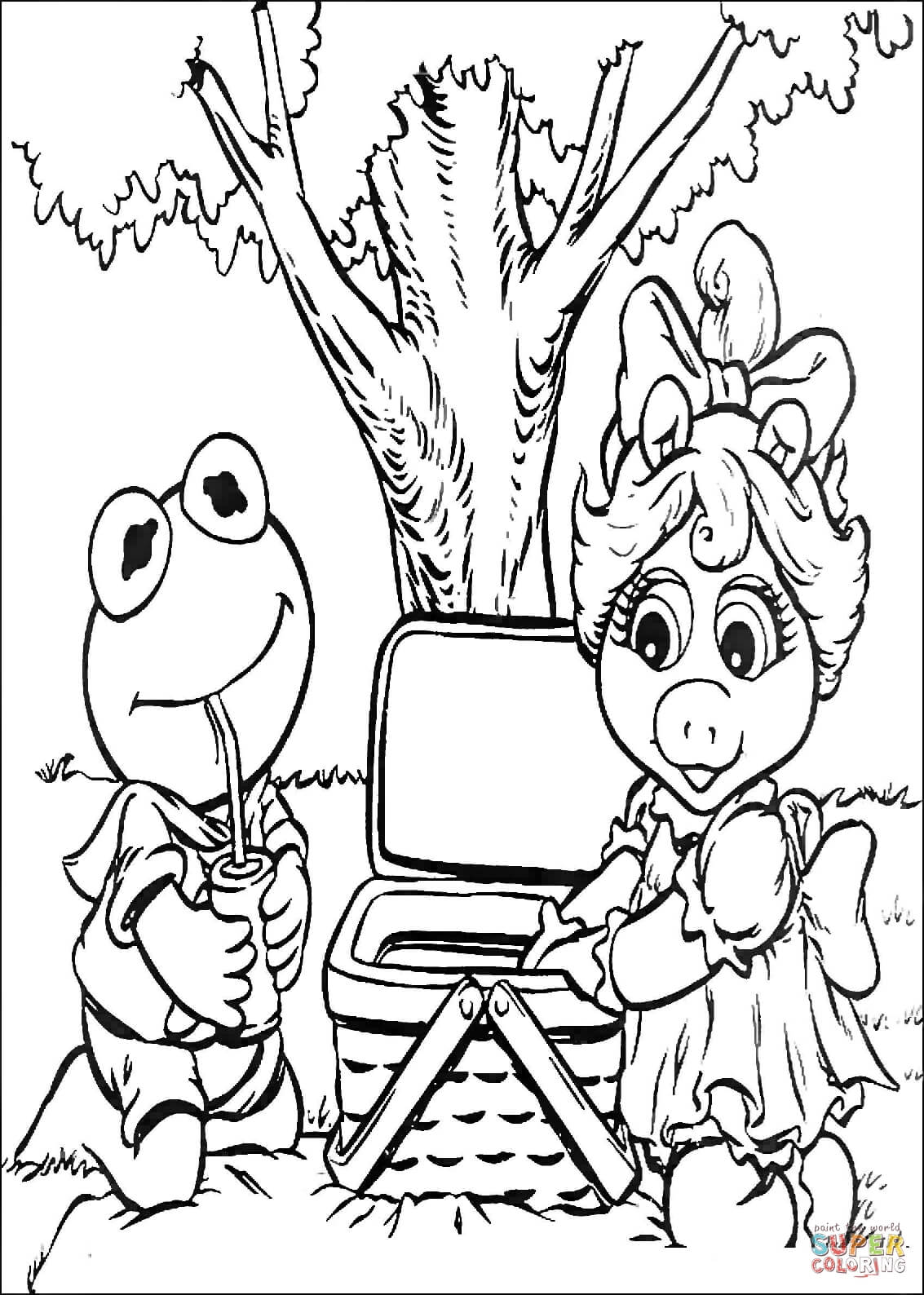 Baby kermit and miss piggy on a picnic coloring page free printable coloring pages