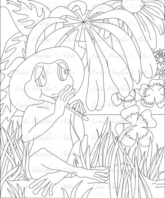 Frog playing flute coloring page digital download scrapbooking
