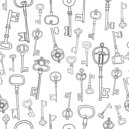 Decorative black and white vintage antique keys for coloring book stock clipart royalty