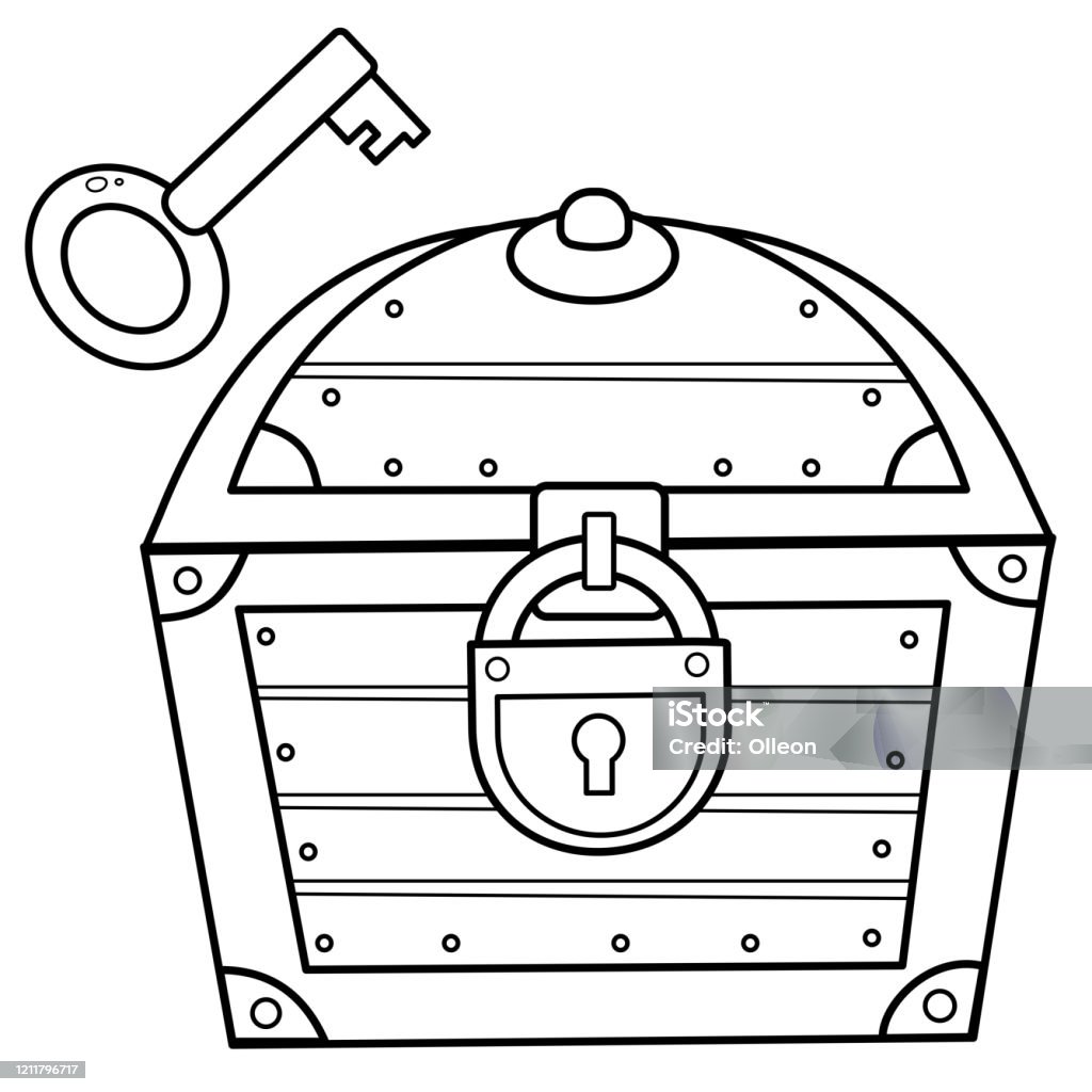 Coloring page outline of cartoon treasure chest with key closed coffer with lock decorative element for pirate party for kids coloring book for kids stock illustration