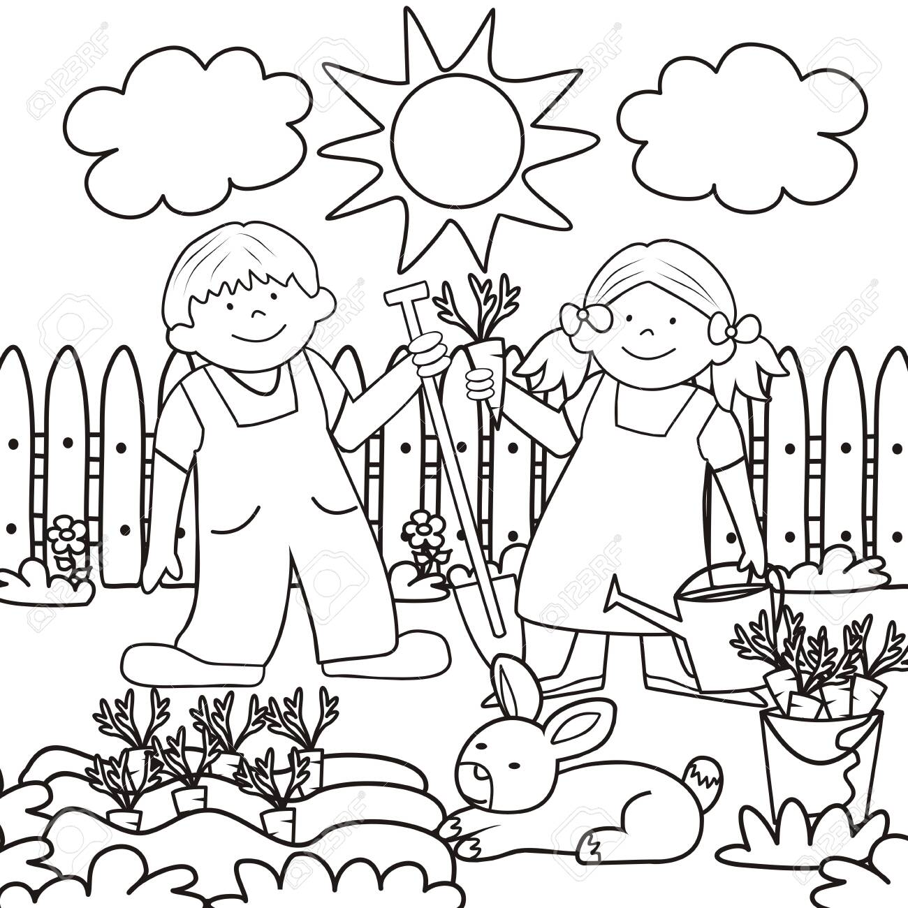 Vector illustration keywords boy with spade and girl with water pot coloring book for children royalty free svg cliparts vectors and stock illustration image