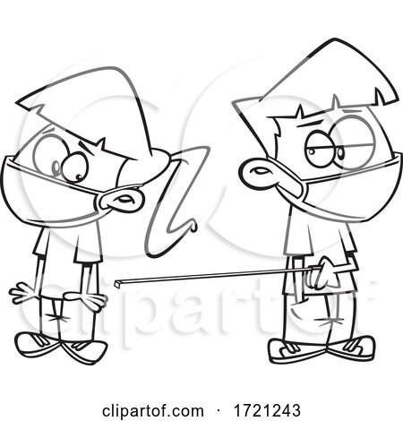Cartoon lineart kids wearing masks and keeping social distance with a tape measure by toonaday