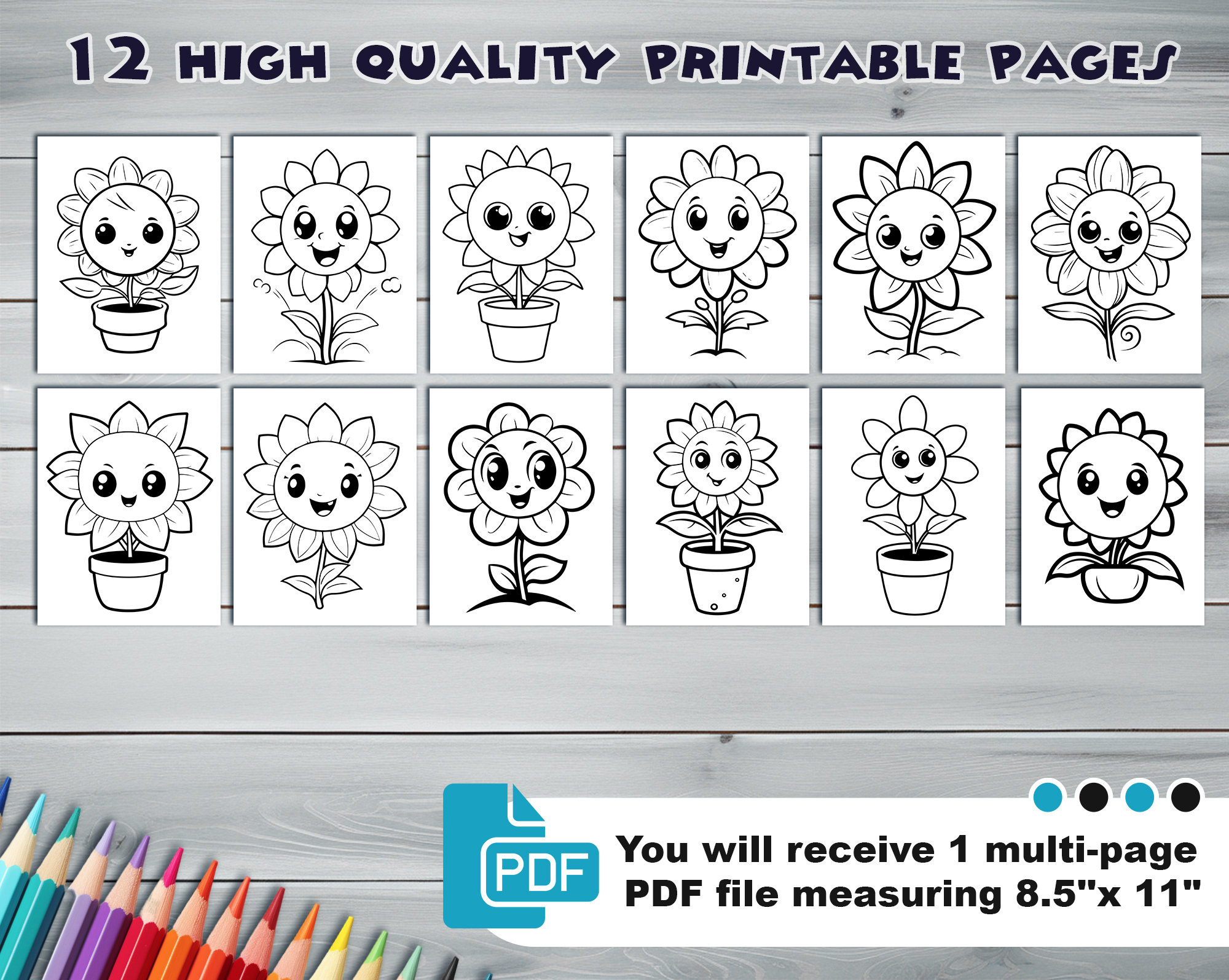 Kawaii flowers pdf coloring book printable colouring pages for kids cartoon potted flower sunflower houseplant thick outlines