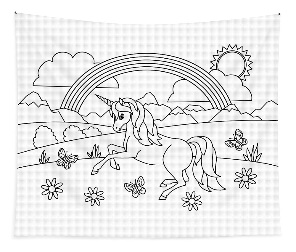 Kids rainbow unicorn coloring page tapestry by crista forest