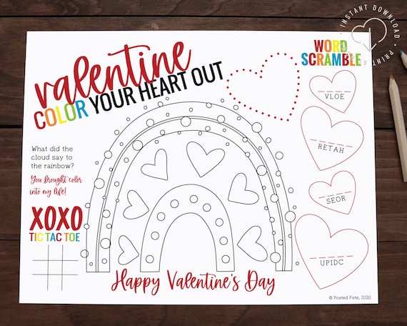 Kids valentines coloring page printable placemat c