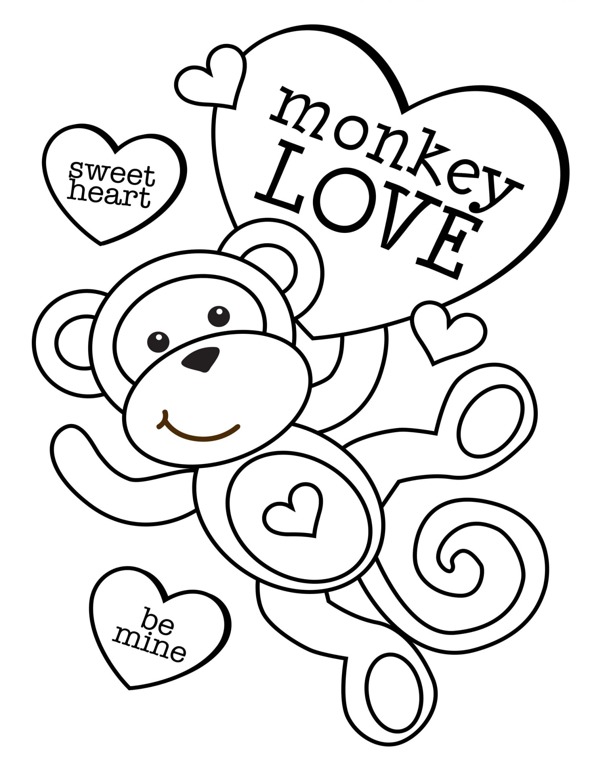 Monkey with hearts in valentine coloring page