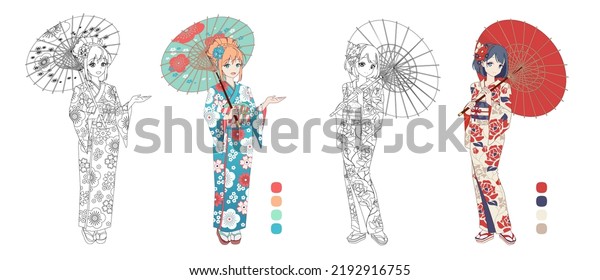 Cartoon girl japanese kimono bilder stockbilder d