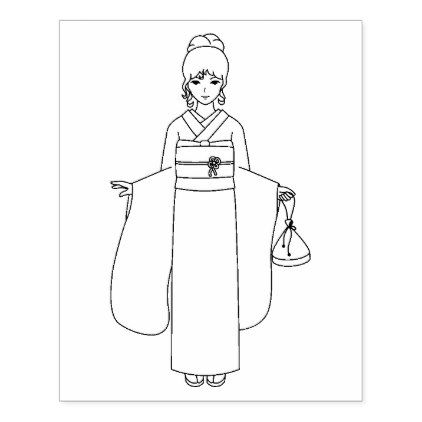 Girl in japanese kimono dress coloring page rubber stamp