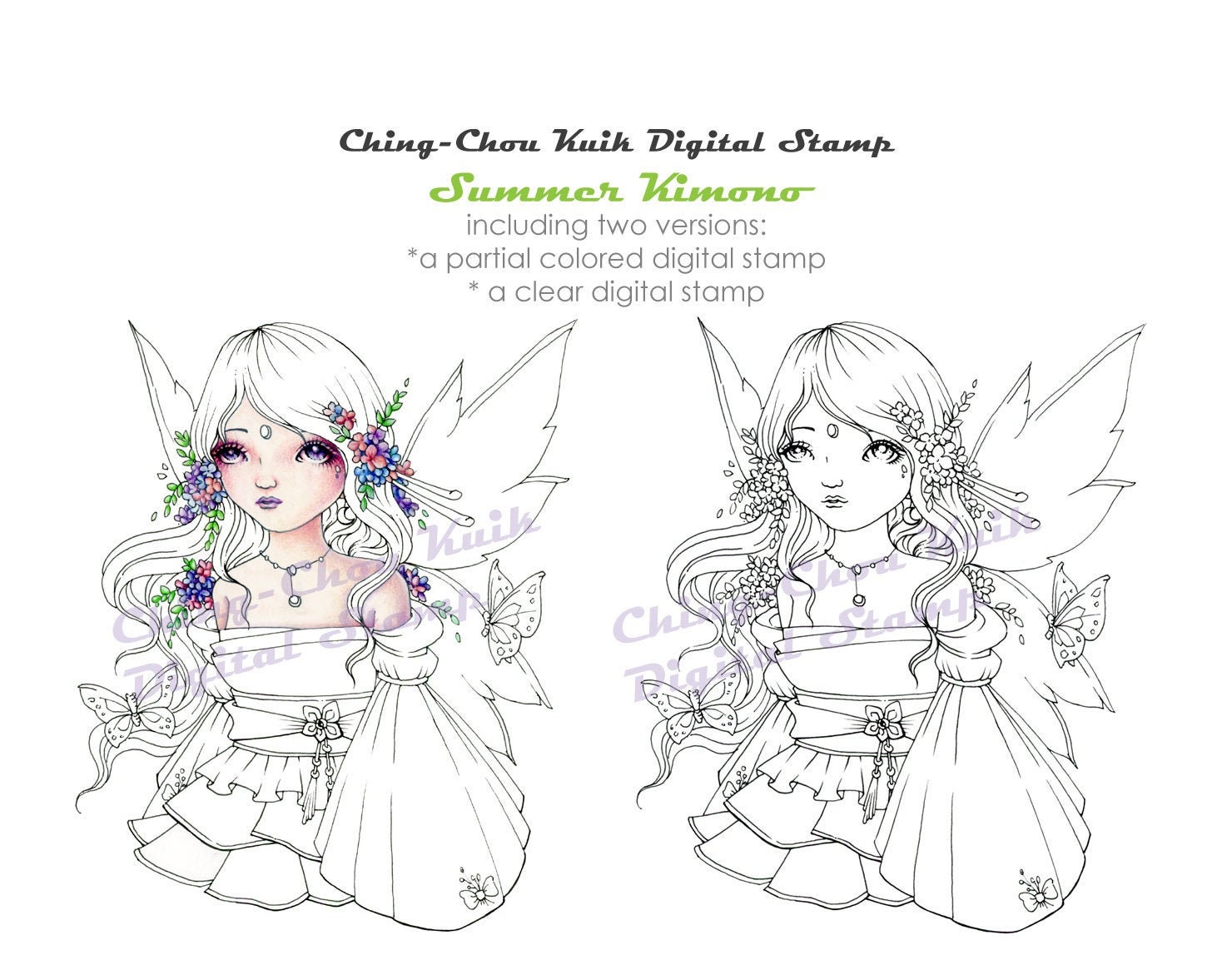 Summer kimono coloring page printable instant download digital stamp japanese oriental butterfly fairy art by ching