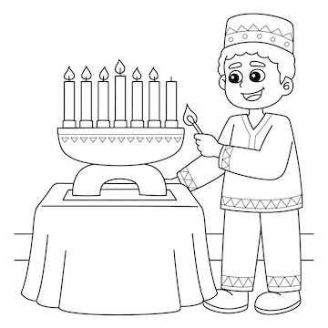 Premium vector kwanzaa boy lighting kinara coloring page
