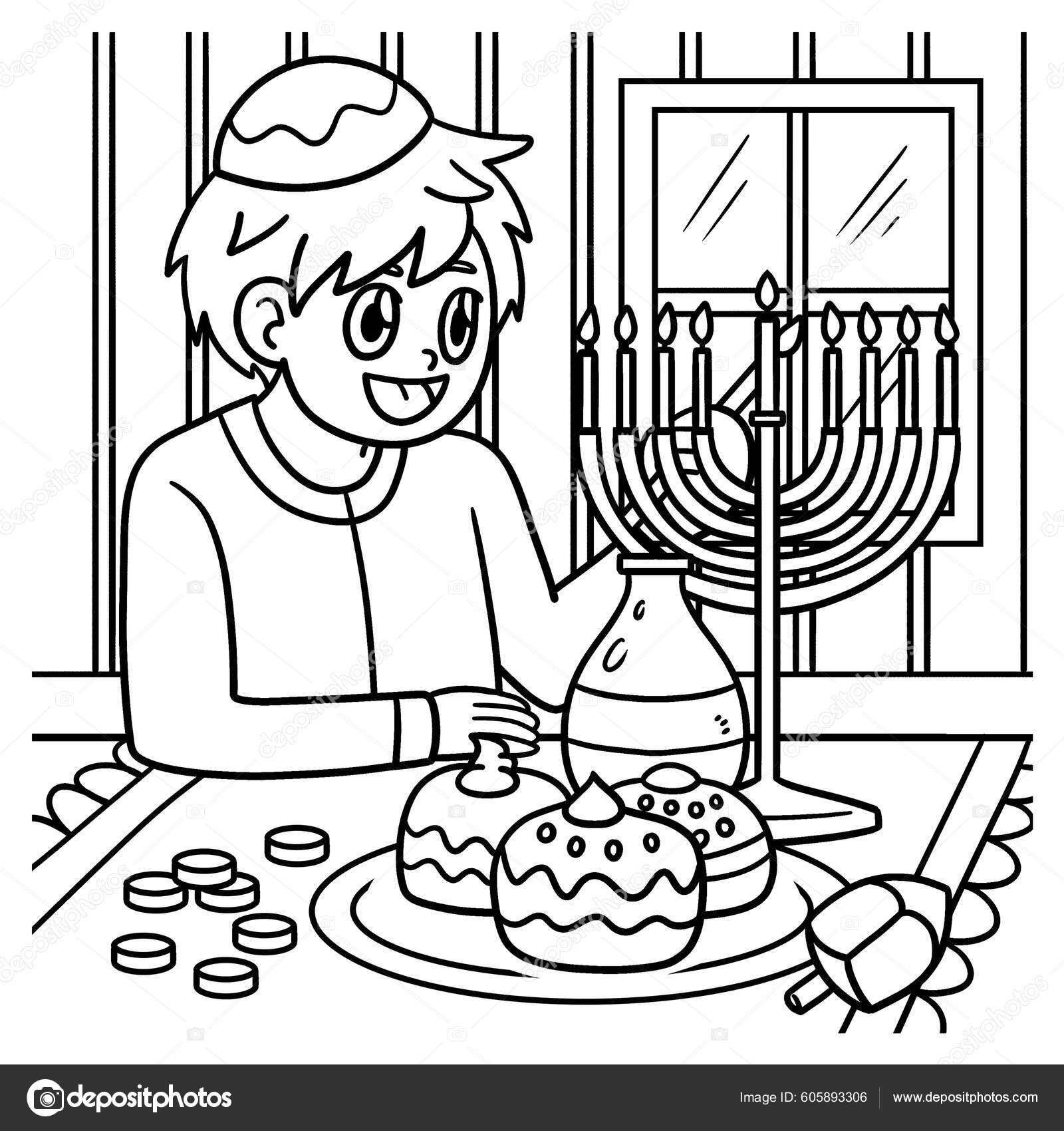 Cute funny coloring page boy lighting menorah provides hours coloring vektor av abbydesign