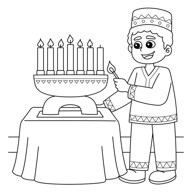 Premium vector kwanzaa boy lighting kinara coloring page