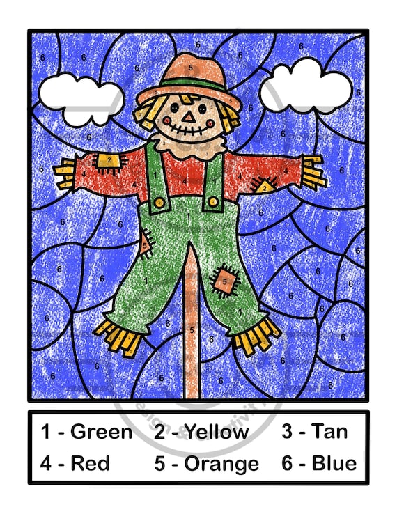 Scarecrow color by number activity page autumn activity sheet fall coloring page seasonal activity elementary preschool kindergarten color