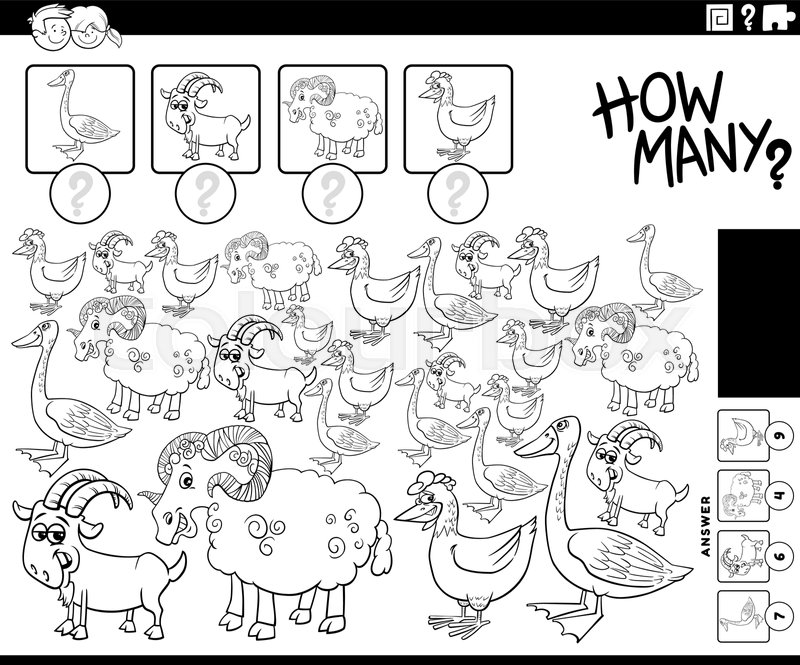 Counting activity with cartoon farm animals coloring page stock vector