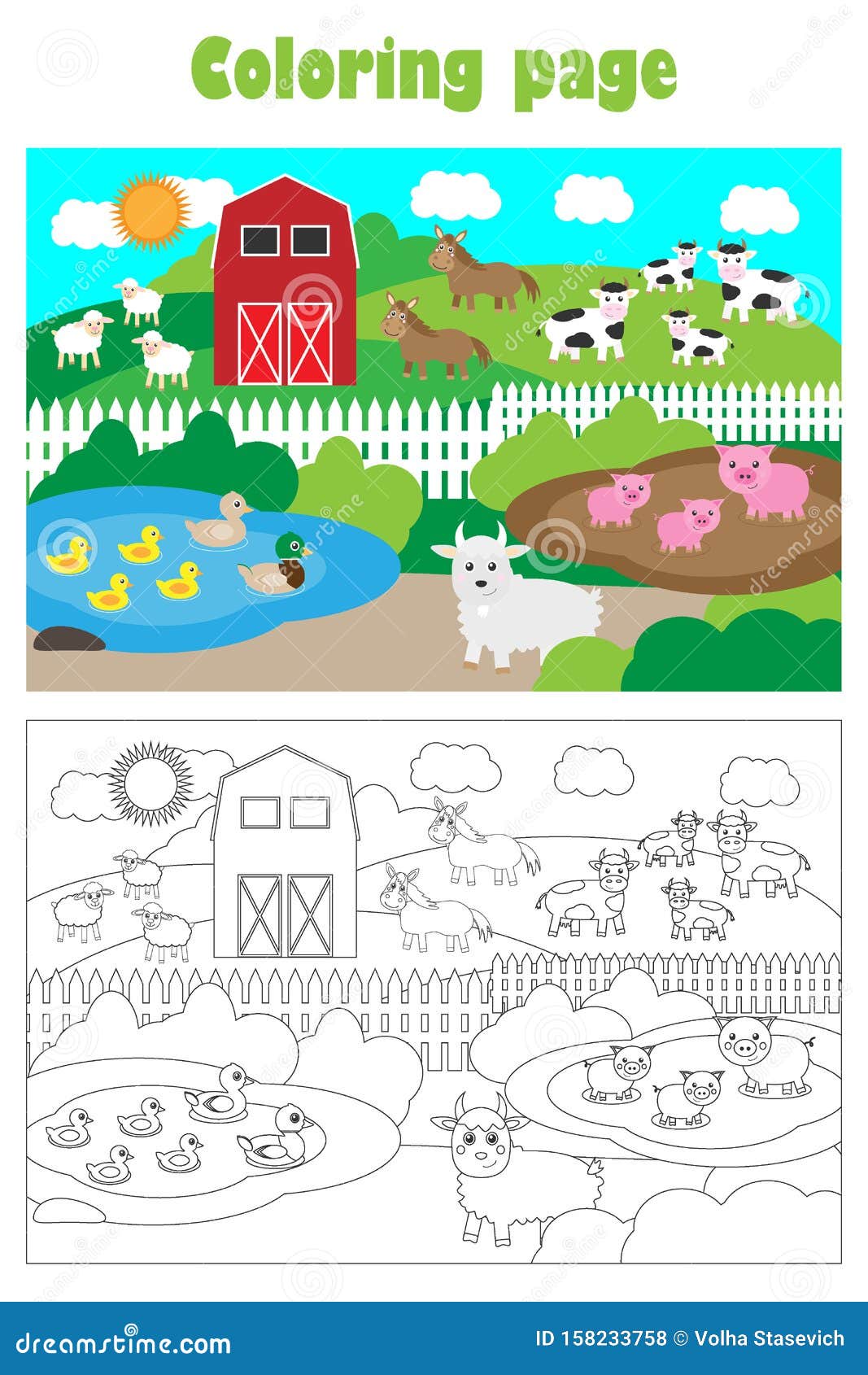 Farm with animals cartoon style coloring page education paper game for the development of children kids preschool activity stock illustration