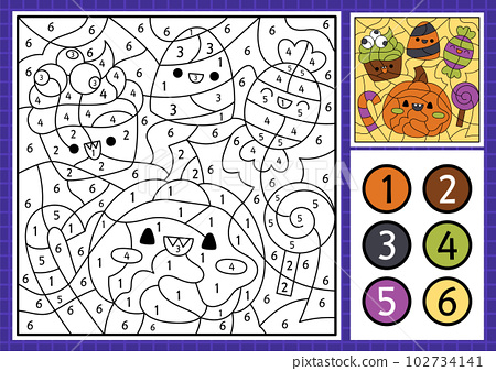 Vector halloween color by number activity with