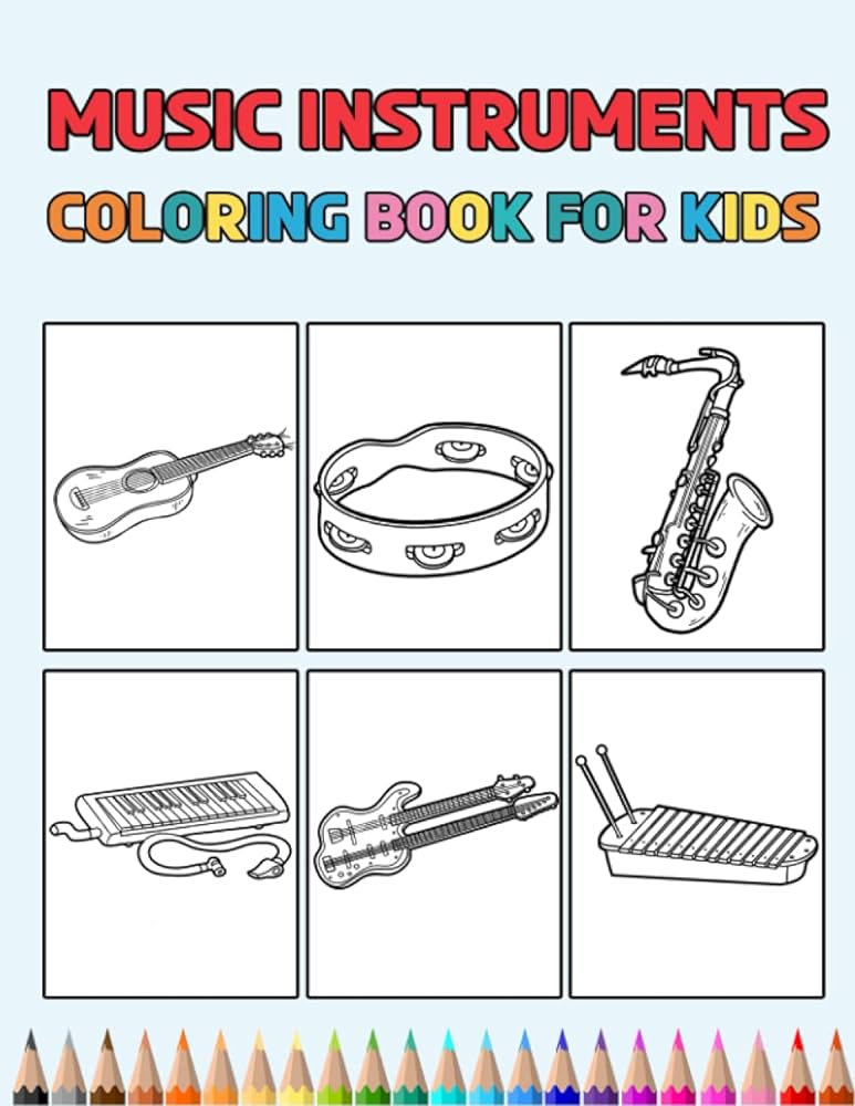 Music instruments coloring book for kids easy designs to color fun colouring activity workbook