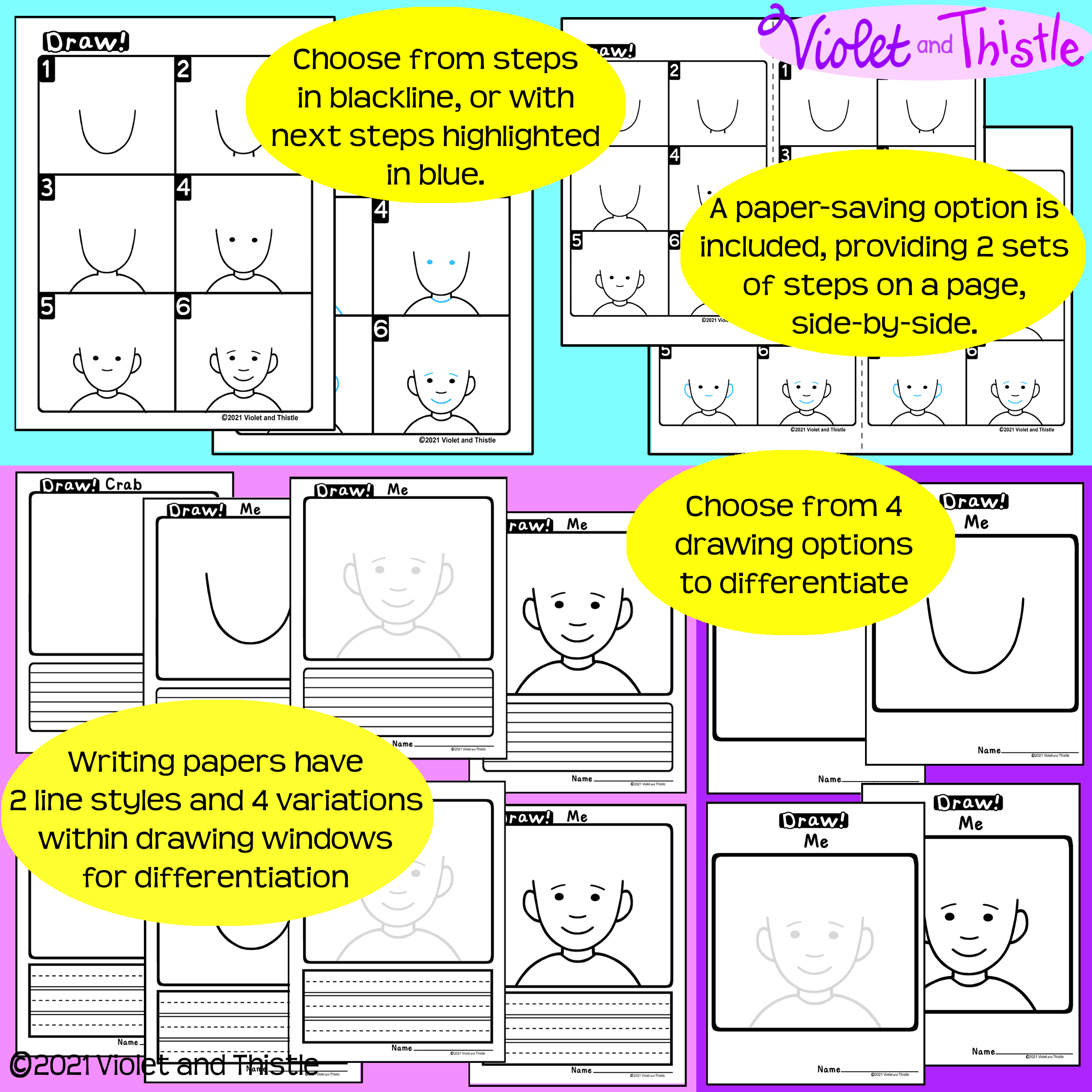 Directed drawing self portrait template back to school write learn how to draw step by step guide made by teachers