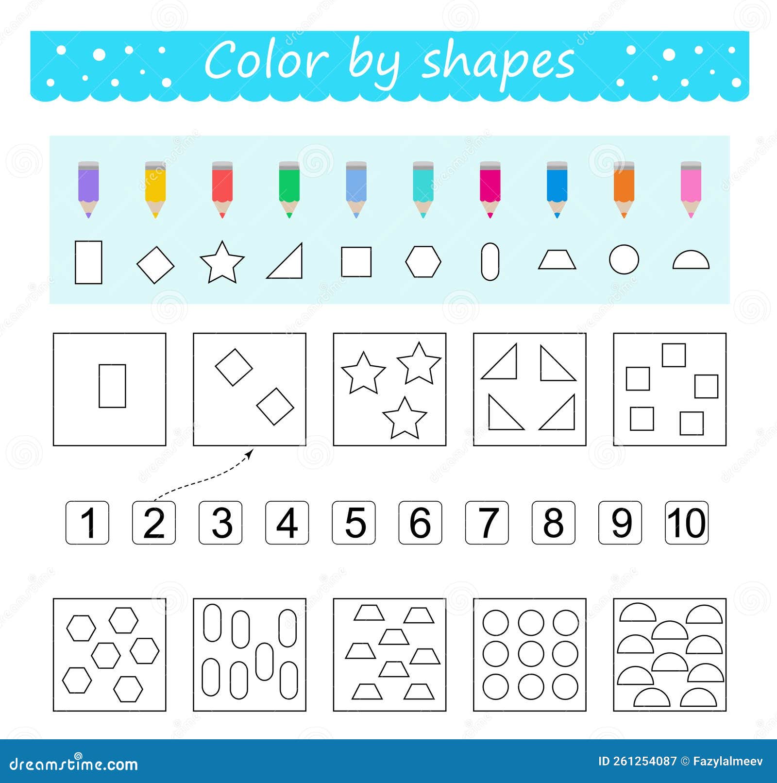 Learn numbers with geometric shapes coloring pages color by shapes vector illustration for children education flat design stock illustration