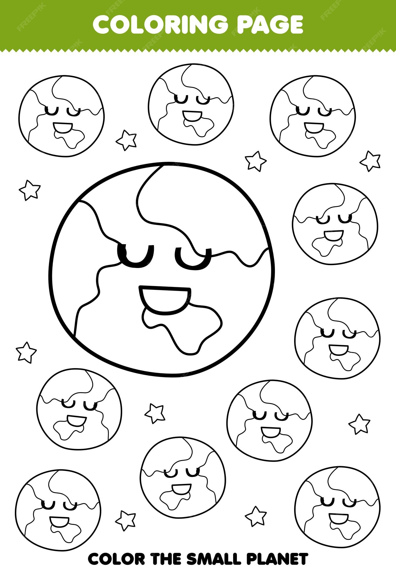 Premium vector education game for children coloring page big or small picture of solar system planet and star line art printable worksheet