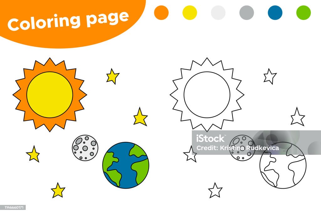 Printable coloring page with solar system cartoon sun earth and moon stock illustration