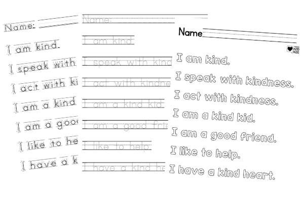 Kindness tracing sheets for young students to practice letter formation