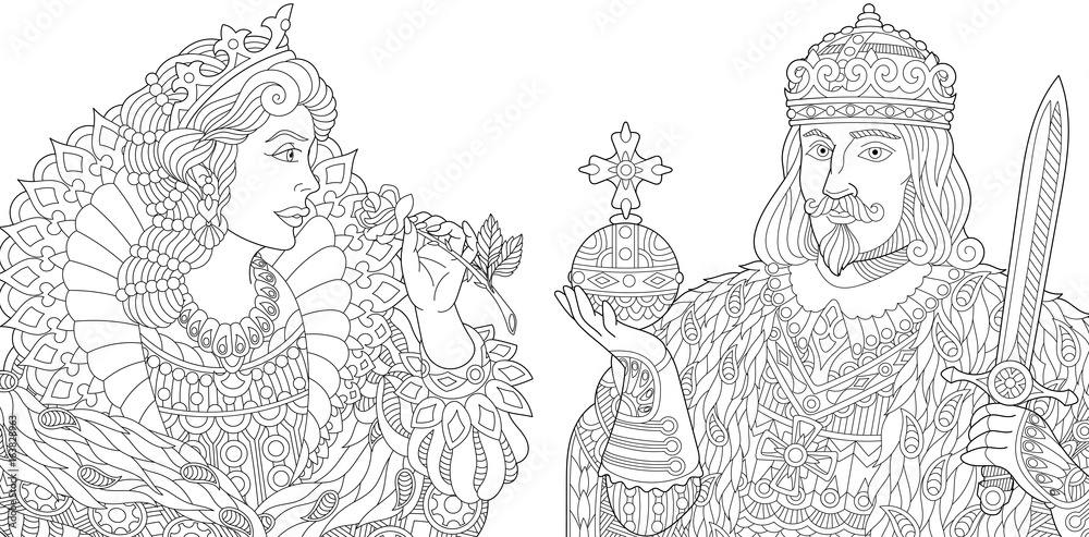 Coloring page collection of king and queen freehand sketch for adult antistress colouring book in zentangle style vector