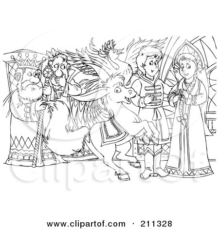 Coloring page outline of a mean king watching a prince and princess posters art prints by