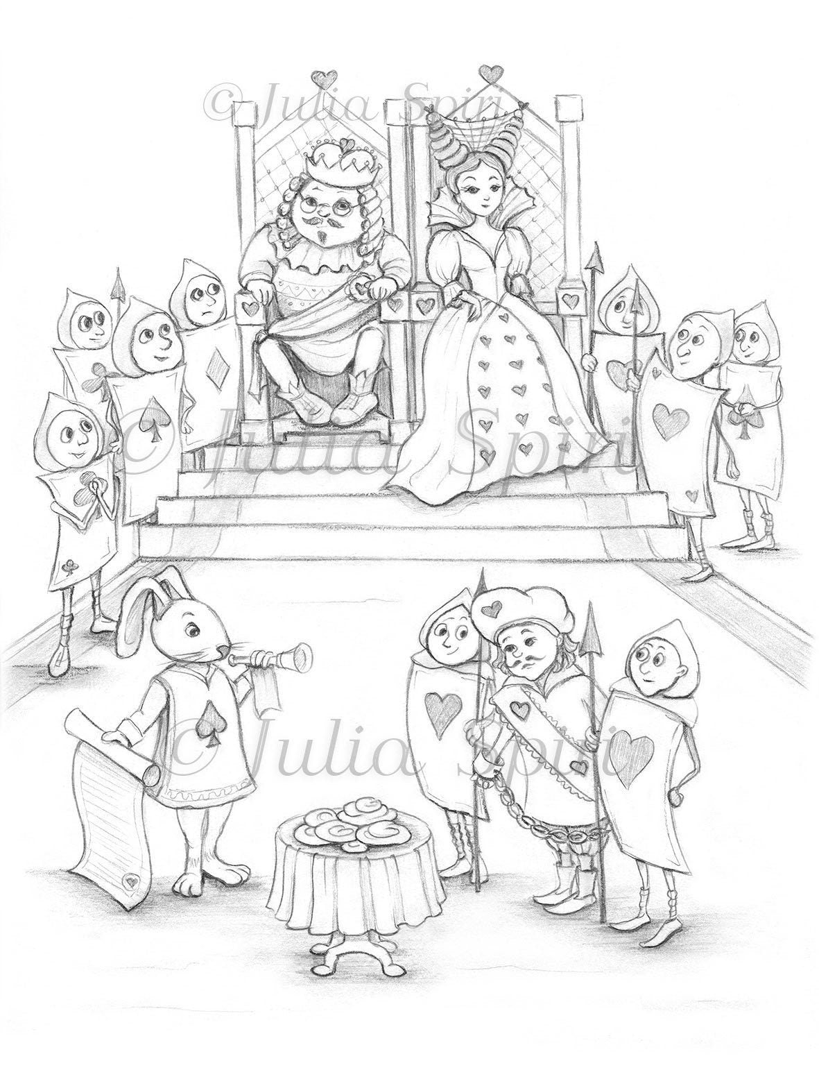 Coloring page alice in wonderland queen and king judging who stole â the art of julia spiri