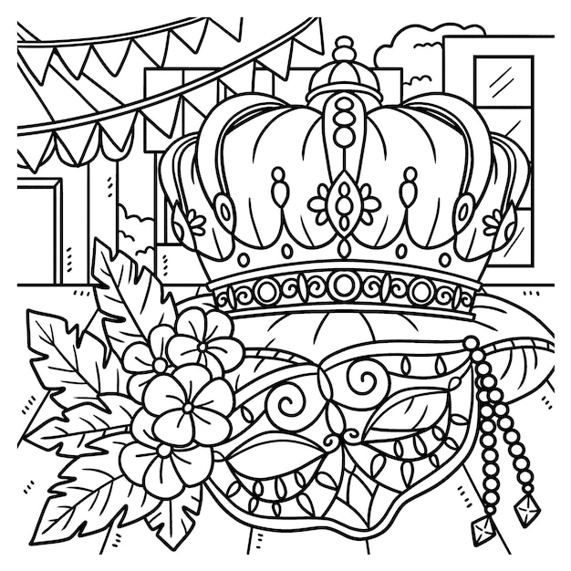 Premium vector mardi gras king crown and mask coloring page