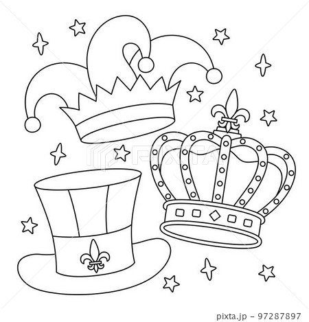 Mardi gras king crown and jester hat coloring page