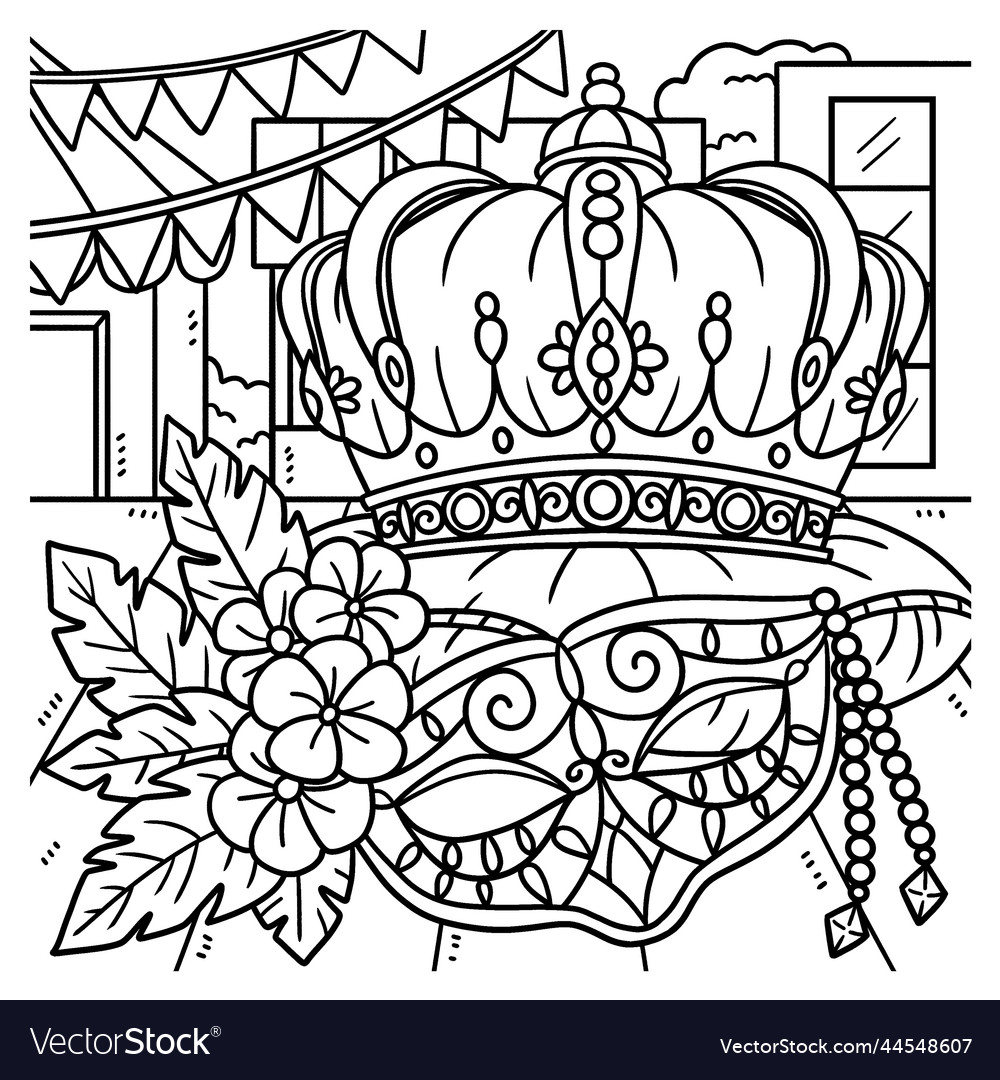 Mardi gras king crown and mask coloring page vector image