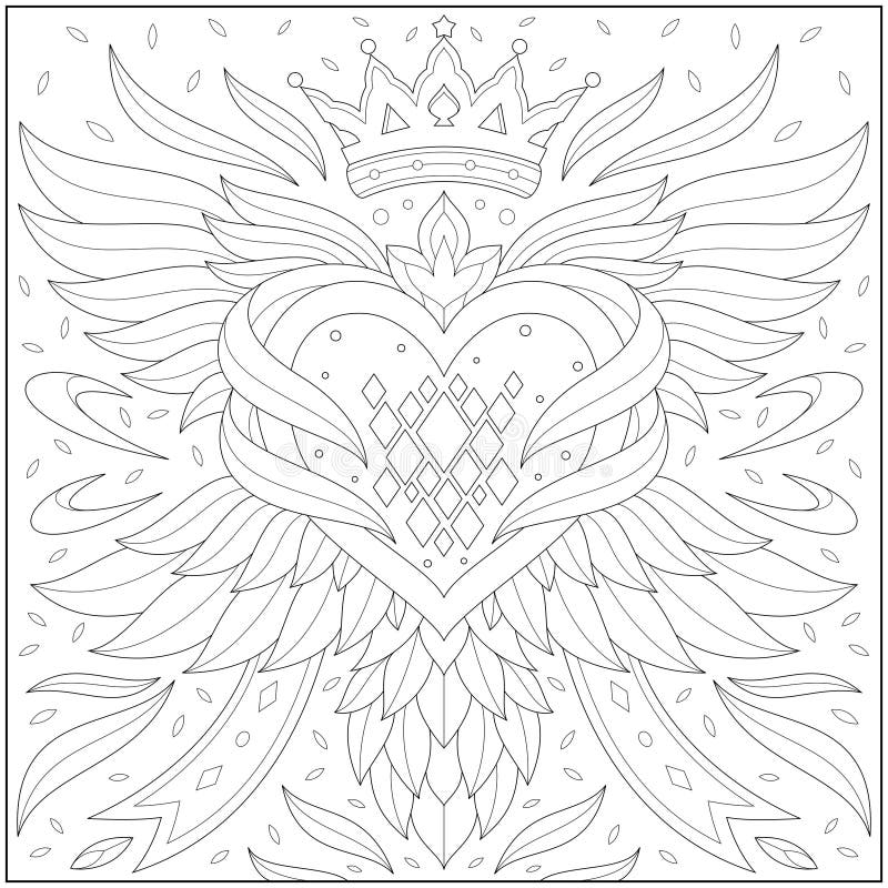 Fantasy winged heart and king crown adult and kid coloring page stock vector