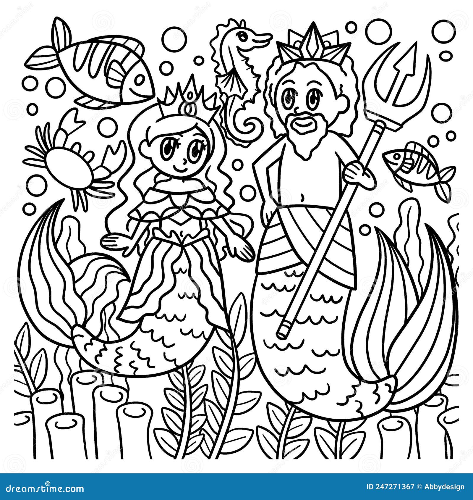 Mermaid princess and merman king coloring page stock vector