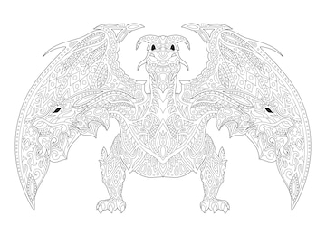 Premium vector beautiful monochrome linear vector illustration for fantasy coloring book page with three headed ornate dragon silhouette isolated on the white background